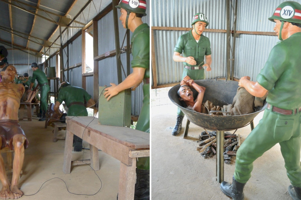 Guests can see exhibitions containing authentic or reconstructed artifacts such as leg shackles, torture equipment, etc